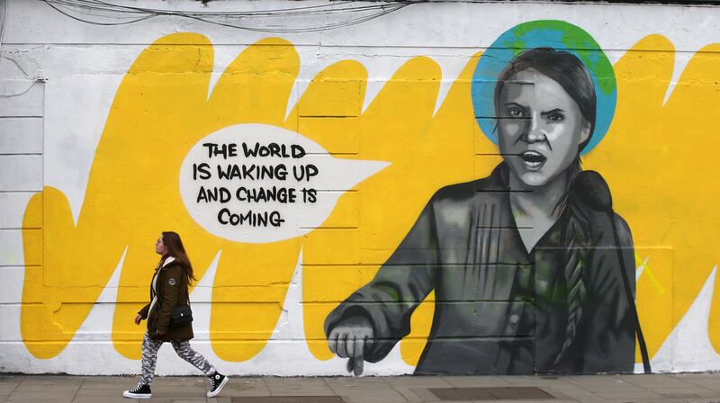 A mural of Thunberg by artist Emmalene Blake on Chanery Street in Smithfield, Dublin. Photograph: Laura Hutton