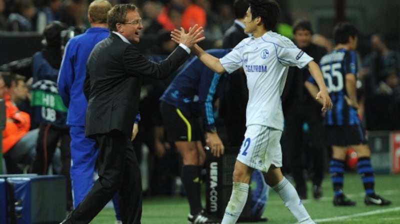 Rangnick’s Schalke knocked Inter Milan out of the Champions League in 2011. Photograph:  Valerio Pennicino/Getty Images