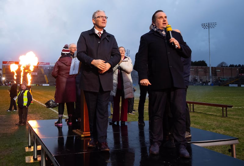 Uachtarán CLG Jarlath Burns watches as floodlights are turned on to a fireworks display at Pearse Stadium, Galway. Photograph: Evan Logan/Inpho