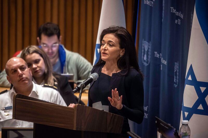 Sheryl Sandberg, the former Meta executive and founder of the women’s organisation Lean In, speaks during a panel presentation at the UN on reports of widespread sexual violence during the Hamas-led attack on Israel on October 7th. Photograph: Dave Sanders/New York Times
                      