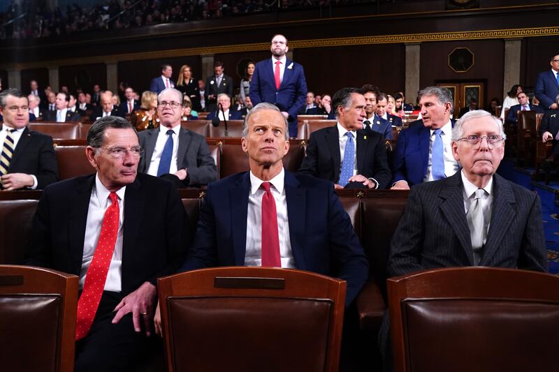 Republican senators John Barrasso, John Thune and Mitch McConnell await Joe Biden's State of the Union address in the House of Representatives. Photograph: Shawn Thew/EPA