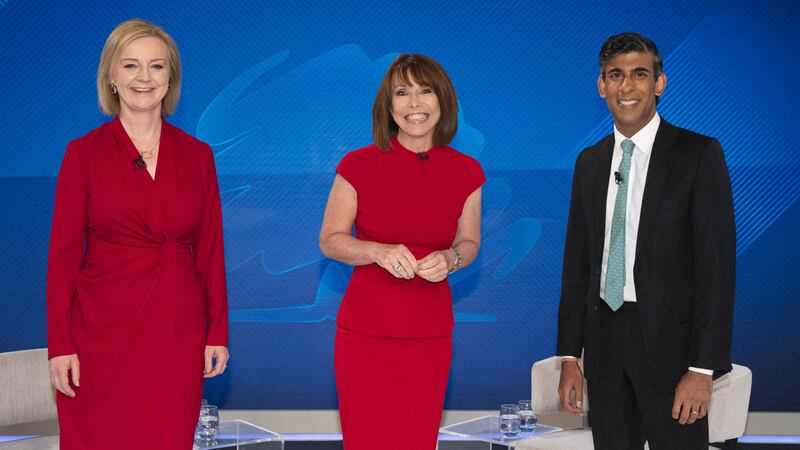 Former UK prime ministers Liz Truss and Rishi Sunak with Kay Burley in 2022. Photograph: Chris Lobina/Sky News/PA