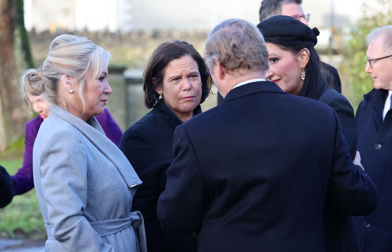 Former taoiseach Enda Kenny, with Michelle O Neill, Stormont's First Minister, Mary Lou McDonald and Emma Little-Pengelly, Deputy First Minster. Photograph: Dara Mac Dónaill