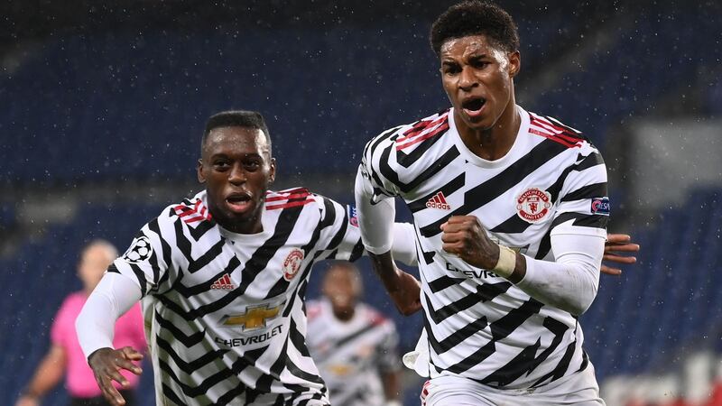 Marcus Rashford celebrates after scoring Manchester United’s winner against PSG. Photograph: Franck Fife/Getty/AFP