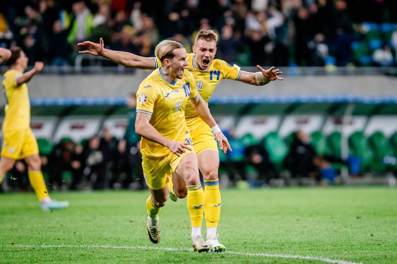 Mykhailo Mudryk of Ukraine celebrates scoring against Iceland. Photograph: Mateusz Porzucek/PressFocus/MB Media/Getty