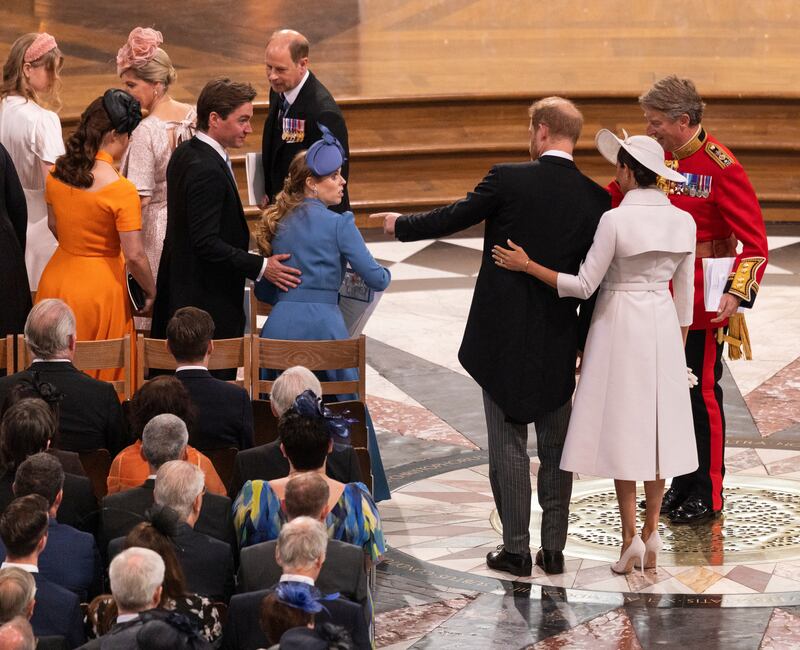 Harry and Meghan: the St Paul's seating plan meant the couple had to squeeze past not just Beatrice and Eugenie, but—oh, the indignity—the princesses’ husbands too. Photograph: Dan Kitwood/WPA Pool/Getty