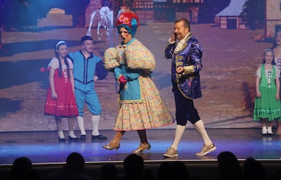 Alan Hughes (right), who plays Sammy Sausages, and Rob Murphy, who plays Dame Buffy, onstage at the National Stadium in Dublin for Beauty and the Beast. Photograph: Bryan O’Brien 