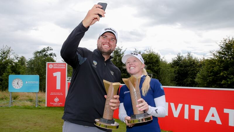 Stephanie Meadow and Jack Senior celebrate winning at last year’s Northern Ireland Open at  Galgorm Castle Golf Club in  Co Antrim. Photograph: Philip Magowan/Inpho/Presseye