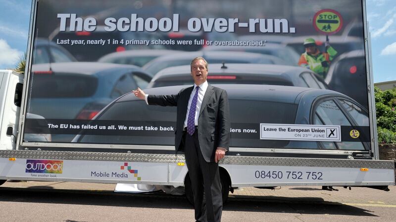 Ukip leader Nigel Farage unveils a new poster in Essex as part of his Brexit campaign. Photograph: Nick Ansell/PA Wire