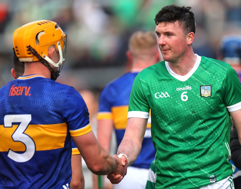 Munster GAA Senior Hurling Championship Round 2, TUS Gaelic Grounds, Co. Limerick 28/4/2024
Limerick vs Tipperary
Tipperary’s Ronan Maher and Declan Hannon of Limerick after the game
Mandatory Credit ©INPHO/James Crombie