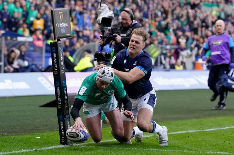 Mack Hansen touches down to secure Ireland's win in Scotland. Photograph: Andrew Milligan/PA