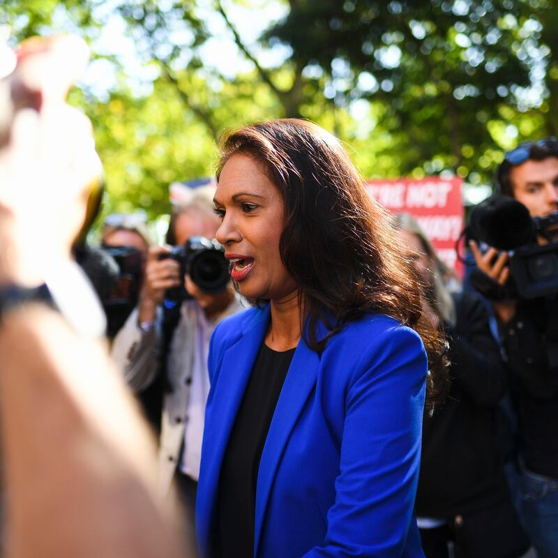 Gina Miller speaks to the media the day Queen Elizabeth accepted Boris Johnson's request to suspend parliament. Photograph: Alberto Pezzali/NurPhoto via Getty