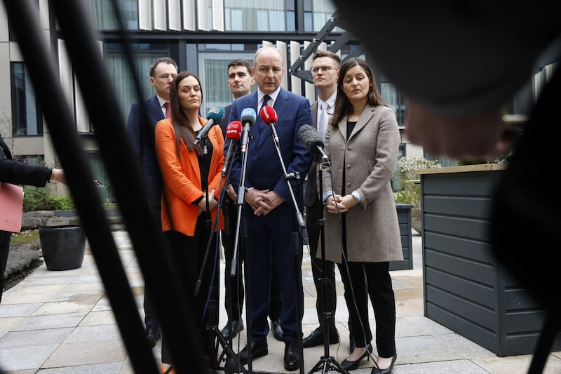 Tánaiste and Fianna Fáil leader Micheál Martin with party members at the Radisson Blu Royal hotel in Dublin on Sunday. Photograph: Nick Bradshaw / The Irish Times