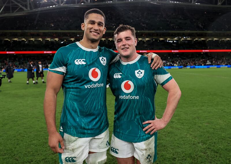 Ireland’s Cormac Izuchukwu and Gus McCarthy after the win over Fiji. Photograph: Dan Sheridan/Inpho