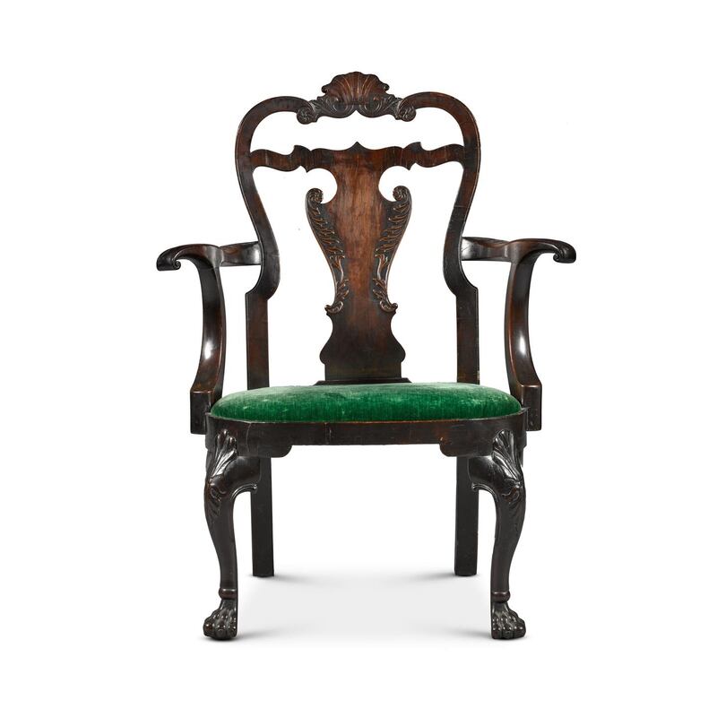 Irish George II carved mahogany open armchair (Sotheby’s, £15,000-£25,000/€17,750-€29,580).