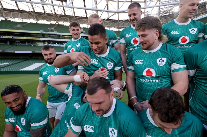 Cormac Izuchukwu and Jacob Stockdale during Ireland's captain's run. 
Photograph: Dan Sheridan/Inpho