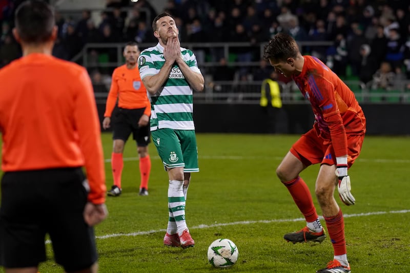 Shamrock Rovers' Aaron Greene reacts after failing to score his penalty during the shoot-out. Photograph: Brian Lawless/PA Wire