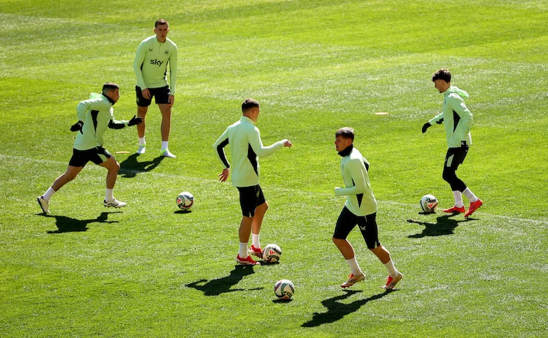 Evan Ferguson trains with his Republic of Ireland teammates at the Hristo Botev Stadium, Plovdiv, on Wednesday. Photograph: Ryan Byrne/INPHO