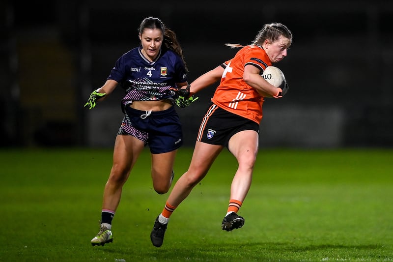 Aoife McCoy of Armagh in action against Ella Brennan of Mayo. Photograph: David Fitzgerald/Sportsfile