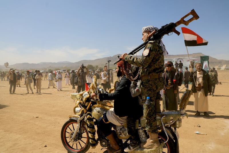 Armed supporters of Yemen's Huthi militants attend a rally in solidarity with  Hamas  in Sanaa on Monday. Photograph: Mohammed Huwais/AFP via Getty Images