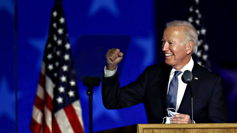 Democratic presidential nominee Joe Biden gestures while arriving during an election night party in Wilmington, Delaware. Photograph: Bloomberg