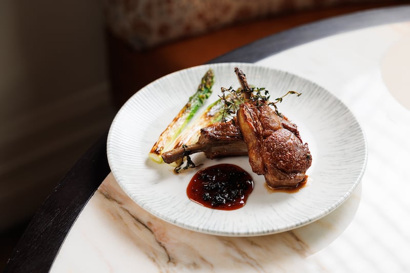 Grilled lamb chops, smoked chilli glaze, roasted asparagus is the meat course