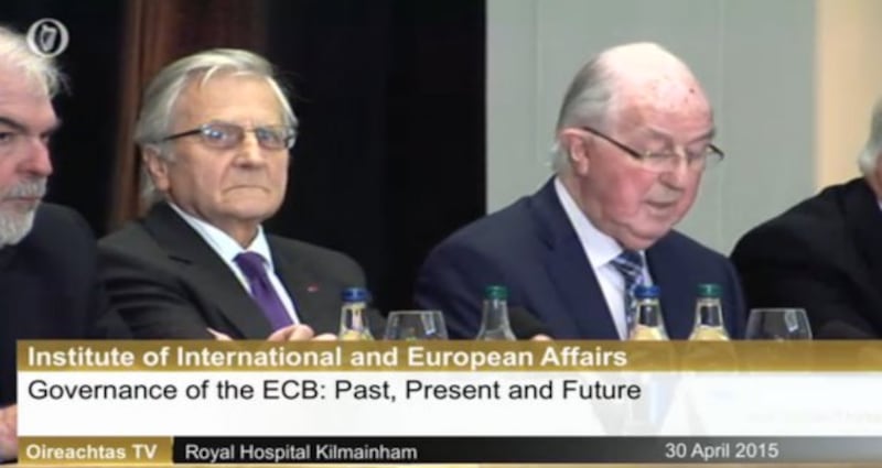 Jean Claude Trichet (centre) is being questioned by members of the banking inquiry today