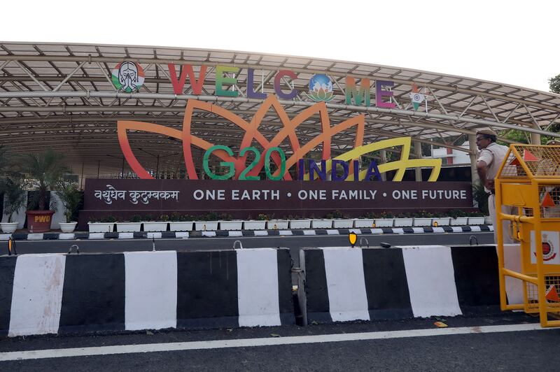 Installations for the G20 summit on the street near the Bharat Mandappam' at the  ITPO Convention Centre, New Delhi, India. Photograph: Harish Tyagi/EPA