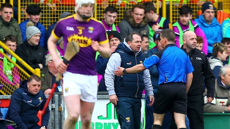 Colm Lyons speaks to Wexford boss Davy Fitzgerald. Photograph: Ken Sutton/Inpho