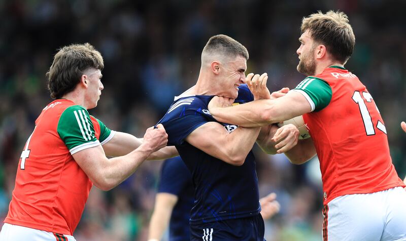 Tempers flare between Kerry's Seán O'Shea and Sam Callinan and Aidan O'Shea of Mayo during the All-Ireland SFC game at Fitzgerald Stadium in Killarney in May. Photograph: Evan Treacy/Inpho