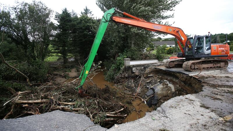 A collapsed road at Quigley’s Point in Co Donegal after thunderstorms. Photograph: Niall Carson/PA