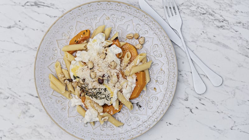 Roasted butternut squash, penne, goat’s cheese and hazelnuts. Photograph: Harry Weir