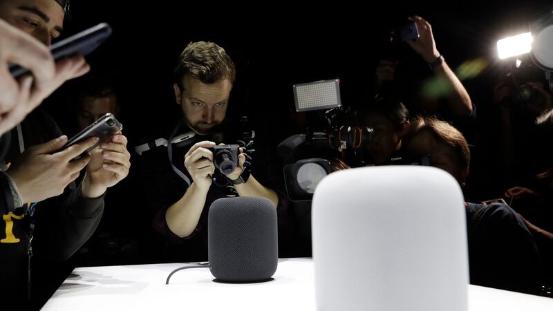 Are voice-activated speakers the next opportunity for media companies? The Apple HomePod speaker, which will arrive on the market this year to compete  with Amazon’s Alexa and Google Home. Photograph: Marcio Jose Sanchez/AP