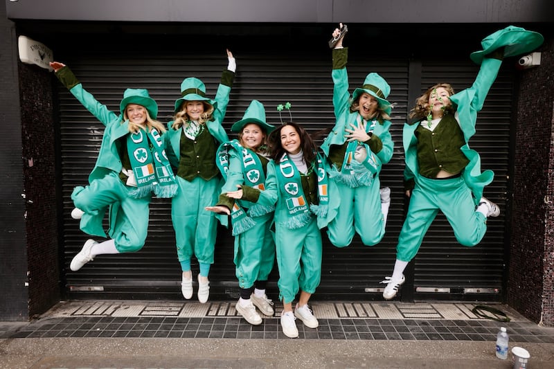 Students from UAB Heersink school of medicine, Alabama, US, enjoying the festivities surrounding the parade in Dublin city centre on St Patrick’s Day. Photograph Alan Betson