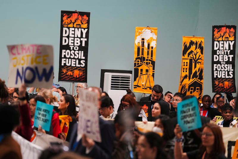 Activists participate in a demonstration against fossil fuels at the Cop29 UN Climate Summit on Saturday in Baku, Azerbaijan. Photograph: AP