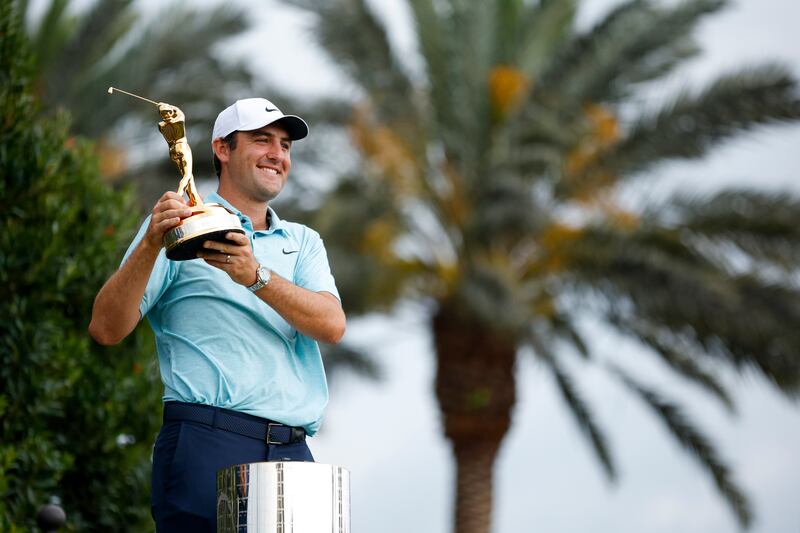 Scottie Scheffler of the United States celebrates with the The Players trophy in 2023. Photograph: Jared C Tilton/Getty Images