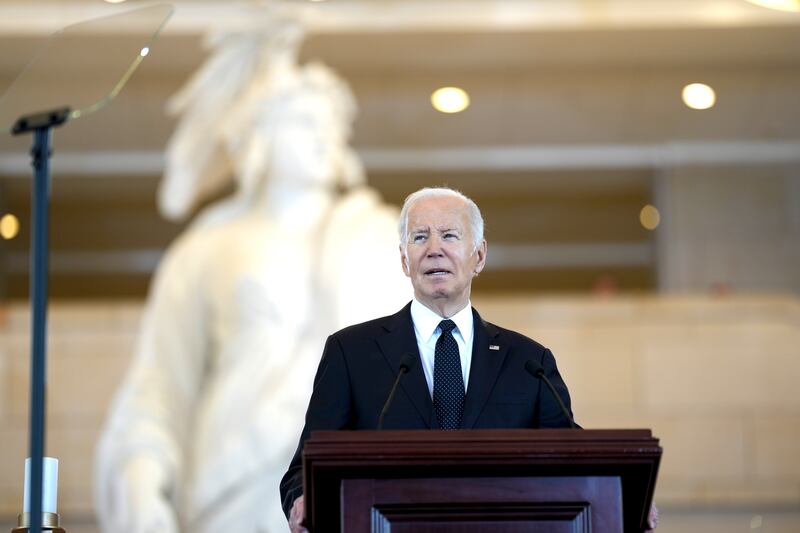 US president Joe Biden speaks at the US Holocaust Memorial Museum at the Capitol in Washington on Tuesday. Photograph: Doug Mills/New York Times
                      