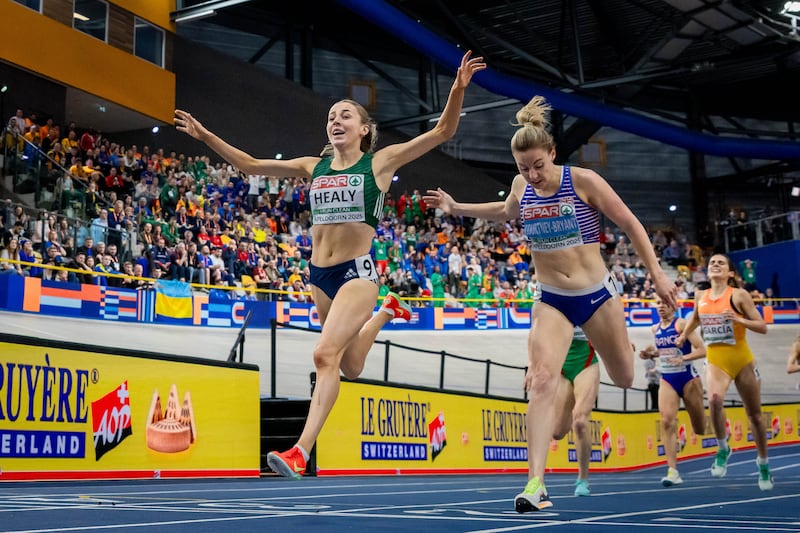 Ireland’s Sarah Healy celebrates winning the gold medal ahead of Great Britain’s Melissa Courtney-Bryant in the women's 3,000m final. Photograph: Morgan Treacy/Inpho