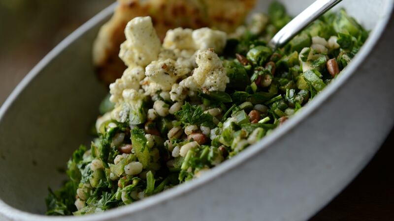 Pearl barley salad with marinated feta