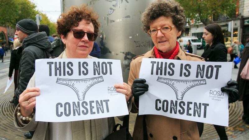 Florence Conroy and  Eileen Solan are pictured during a protest at the Spire on O’Connell Street in Dublin over victim blaming in the courts. Photograph: Gareth Chaney/Collins.