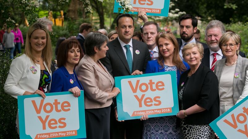 Taoiseach, Leo Varadkar with Fine Gael Ministers and colleagues during a final Fine Gael doorstep calling for a Yes vote.  Photograph: Collins