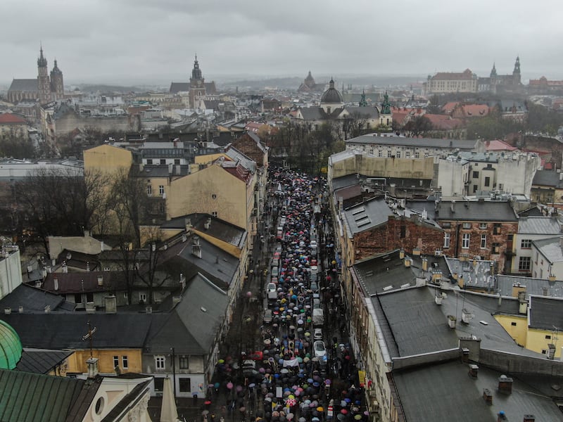 An aerial view of thousands of supporters of the late pope John Paul II during a march honoring his legacy on Sunday in Krakow, Poland. Photograph: Omar Marques/Getty Images