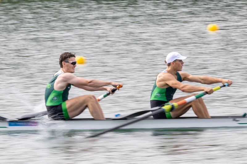 Ireland’s Nathan Timoney and Ross Corrigan on their way to qualifying for the final of the men's pair at the Vaires-sur-Marne Nautical Stadium in Paris. Photograph: Morgan Treacy/Inpho