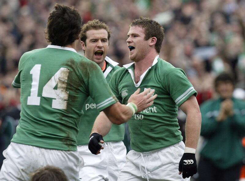 Gordon D'Arcy celebrates his first try for Ireland in 2004 after what he terms his personal 'wilderness years'. Photograph: Billy Stickland/Inpho