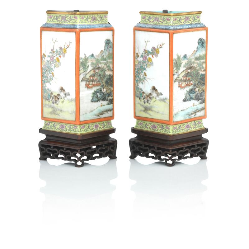 A pair of Chinese triangular wall vases, Bonhams, Jim Lennon collection