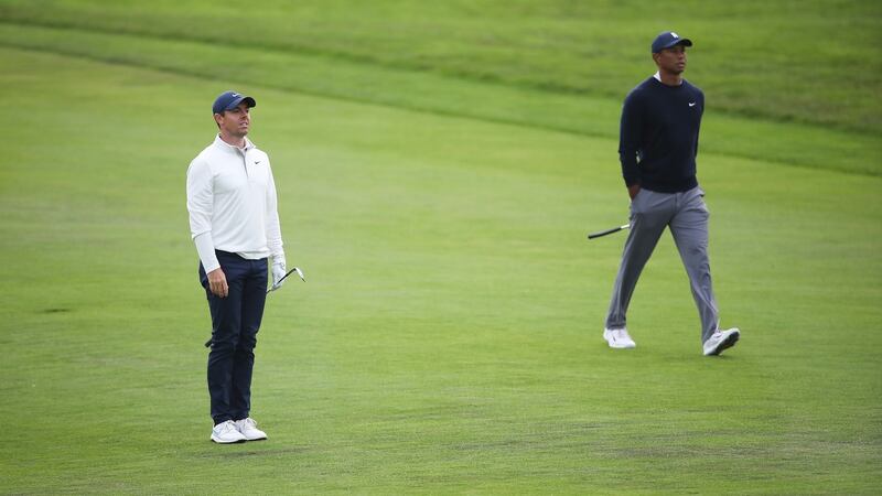 Rory McIlroy and Tiger Woods during Friday’s second round at Harding Park. Photograph: Sean M Haffey/Getty