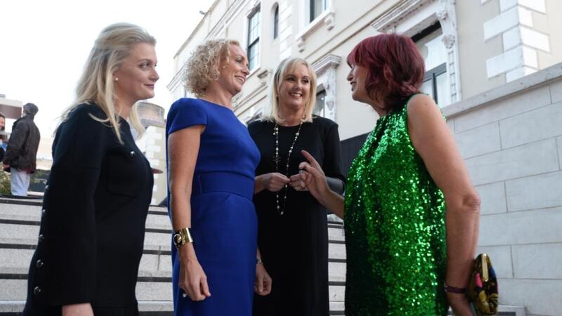 Sarah McDonnell, editor, The Gloss Magazine; Anne O’Leary, chief executive of  Vodafone Ireland; Jane McDonnell, publisher ofThe Gloss Magazine; and Janet Street Porter, at the 10th annual Look the Business event in the Mansion House, Dublin last night. Photographer: Dara Mac Dónaill / The Irish Times