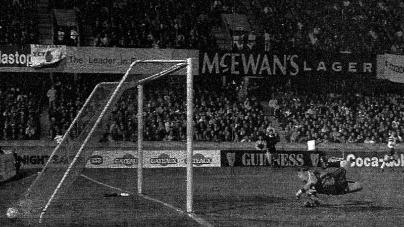 1993, Belfast: A moment to savour ... Northern Ireland goalkeeper Tommy Wright is unable to stop Alan McLoughlin’s shot. Photograph: Joe St Leger