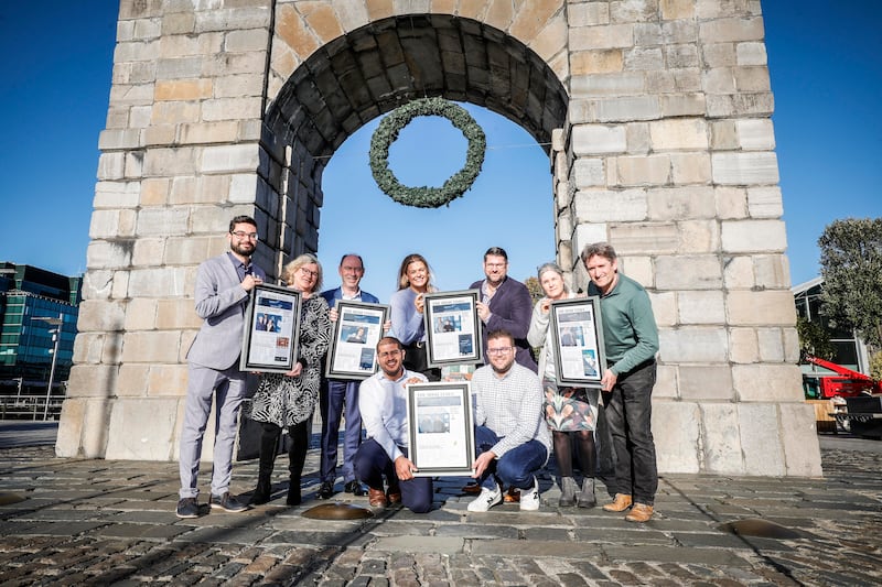 (Clockwise left):  Matej Ulicny and Julie Connelly of AI Mapit;  Prof Denis Dowling of Infraprint; Hannah Thornton and Colin Morrissey of Orreco; Fiona Kelleher and Kieran Coffey of MyGug; and (centre) Muhammad Yassin and Muneer Sawaied of Genicity; all winners at The Irish Times Innovation Awards 2023. Photo: Conor McCabe
