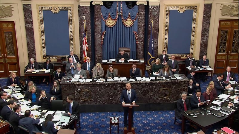 Democrat Adam Schiff speaks during opening arguments in the Senate impeachment trial of president Donald Trump. Photograph: US Senate TV via Reuters